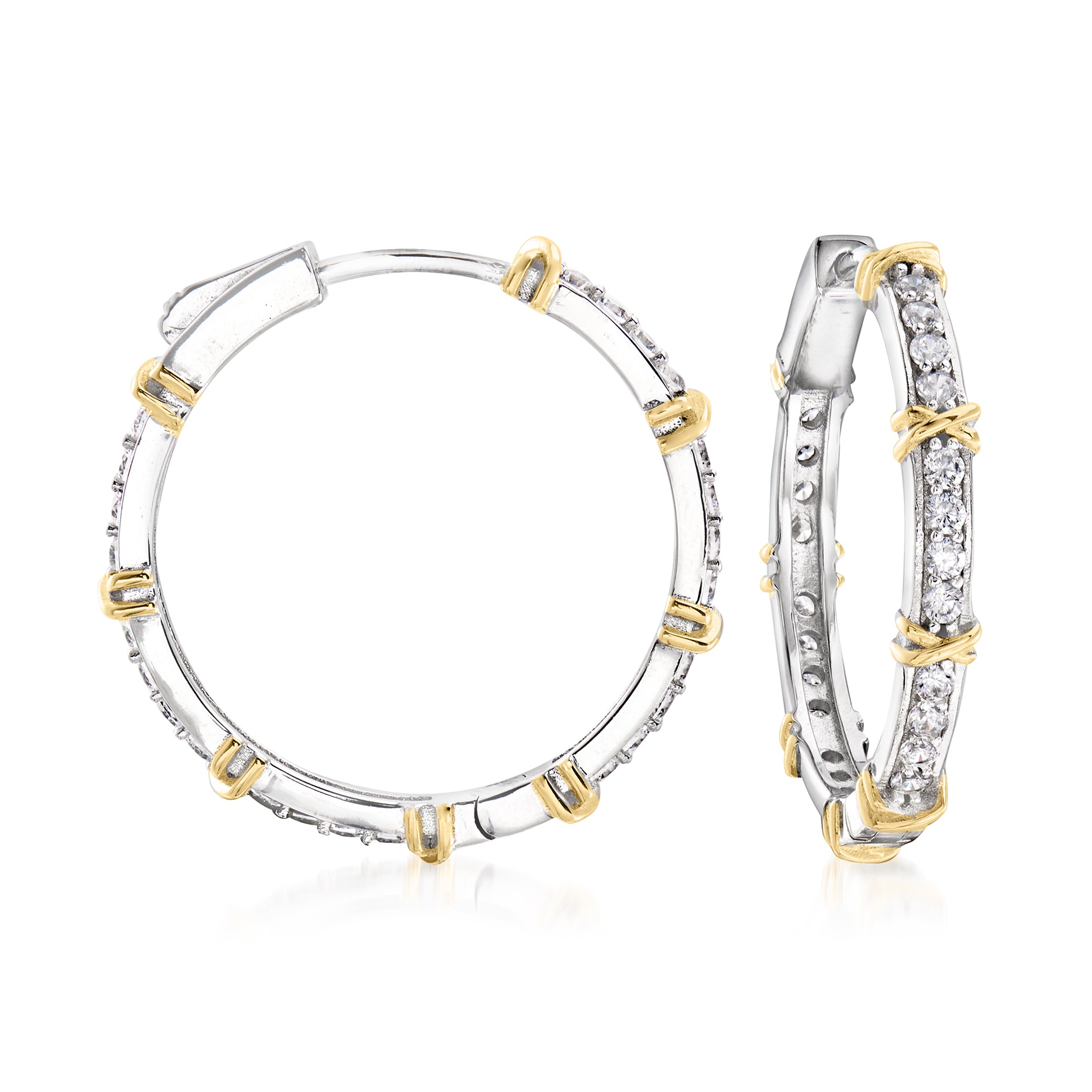 

Серьги-кольца Ross-Simons с фианитами из стерлингового серебра и 18-каратным золотом поверх стерлингового серебра Ross-Simons, белый