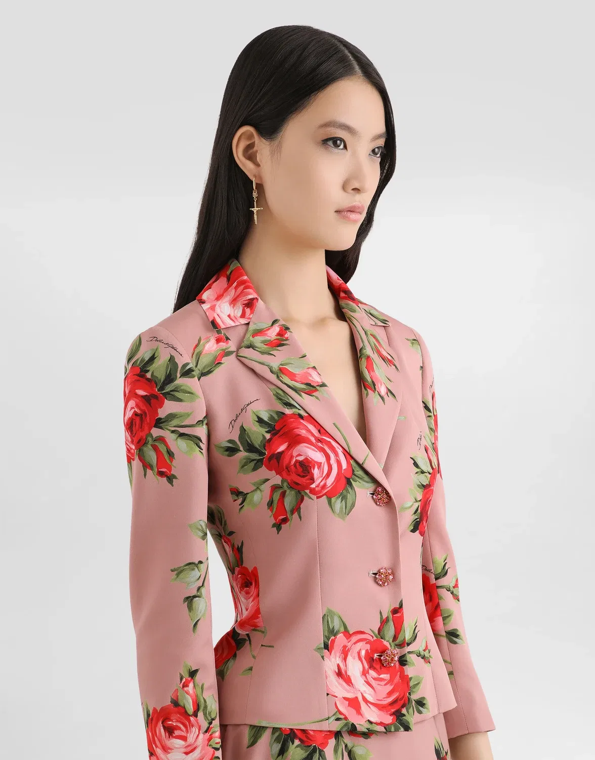 Однобортный жакет из шармеза с принтом розы-букета Dolce & Gabbana, зеленый — фото 4