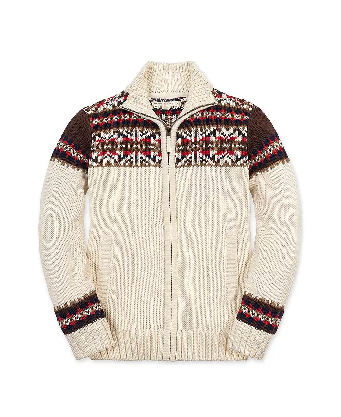 

Мальчиковый органический свитер с длинным рукавом, молнией до низа, воротником стойкой и интарсией Hope & Henry, коричневый