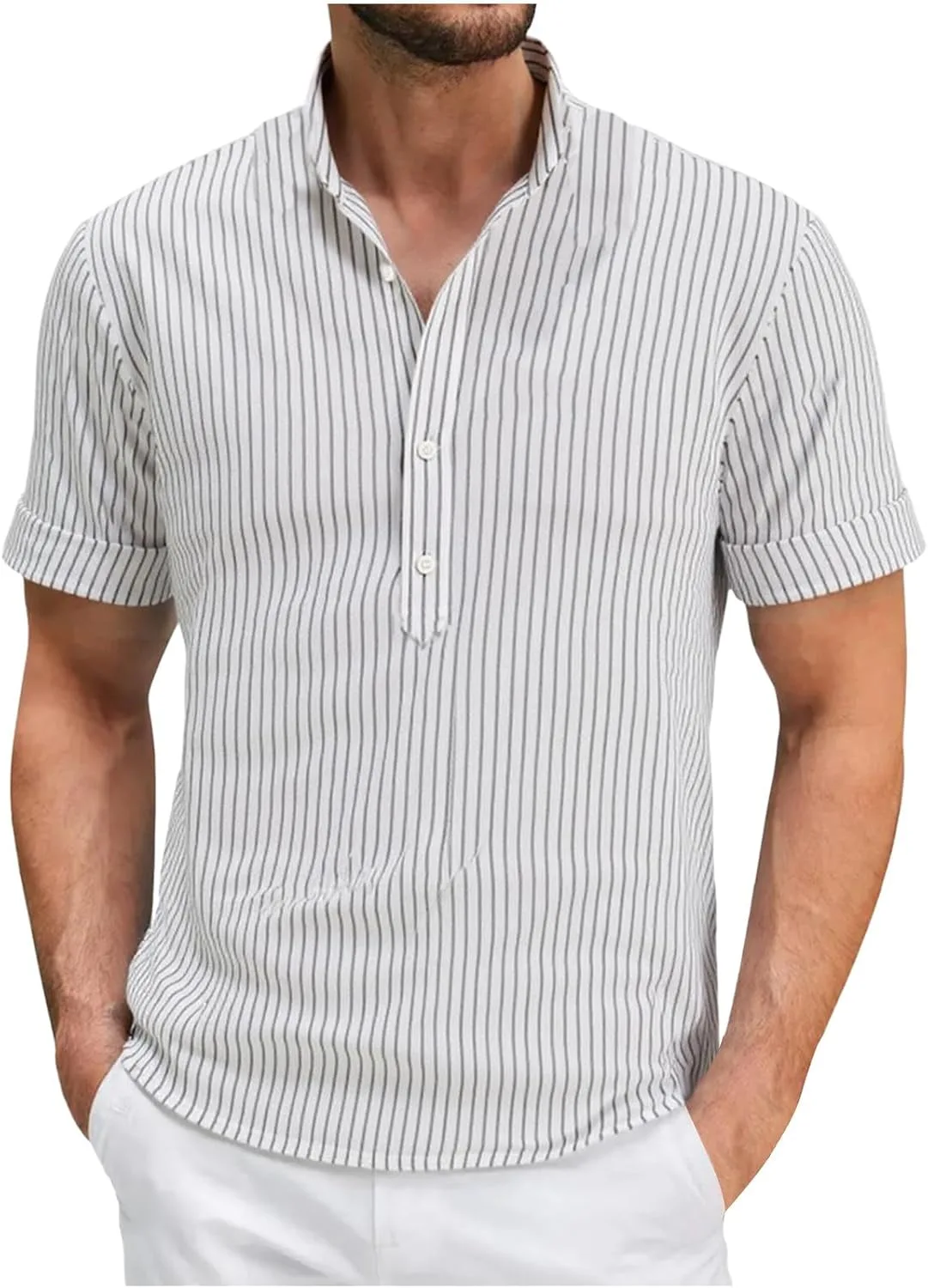 

Xiaojake мужская льняная футболка henley с коротким рукавом и полосками slim fit Xiaojmake