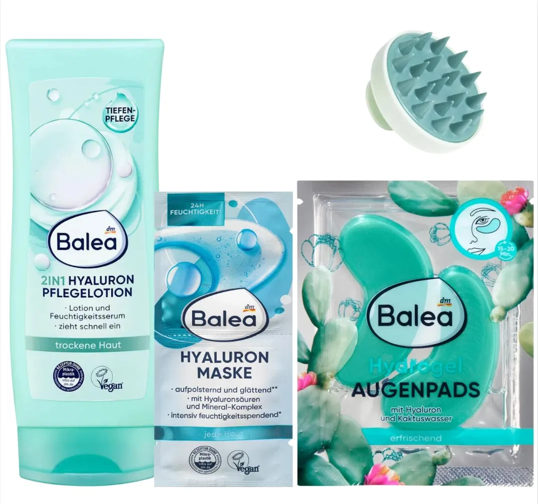 Набор Balea Hyaluronic Care: лосьон 200 мл, маска 16 мл, патчи для глаз 2 шт. + массажная щетка Balea Professional