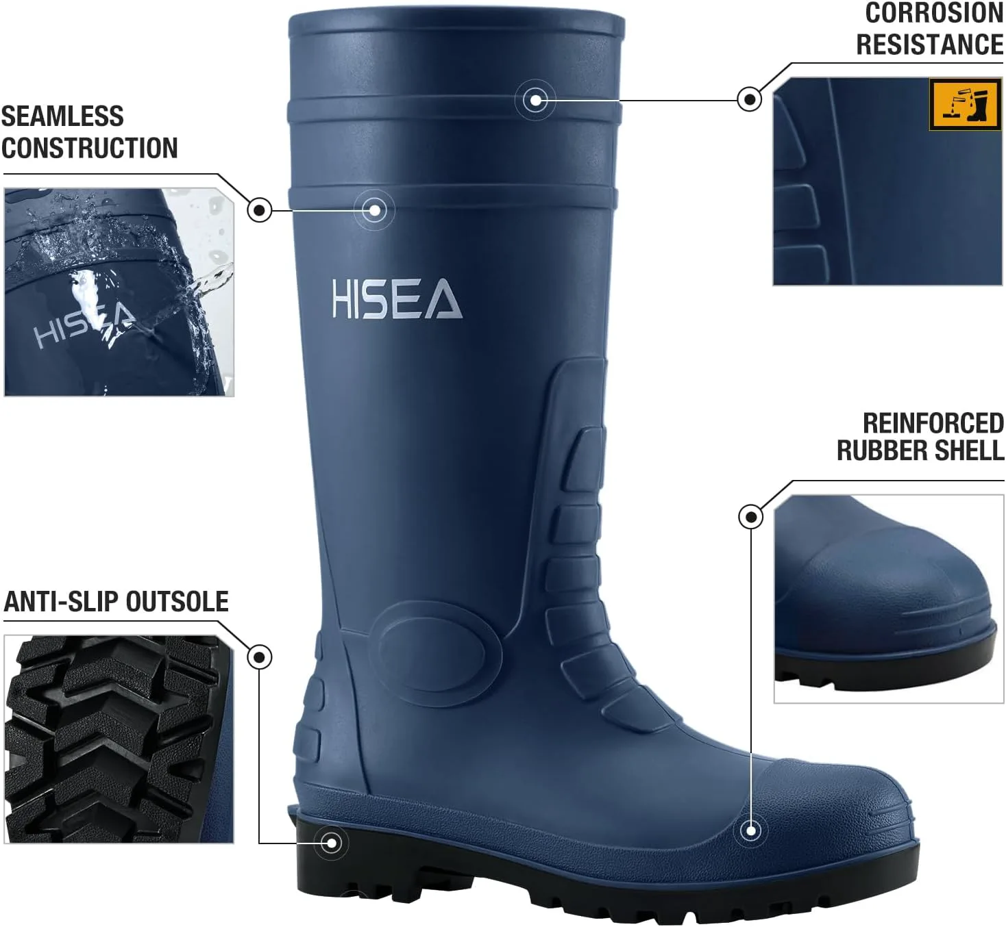 Мужские резиновые сапоги HISEA, водонепроницаемые, с металлической пластиной, синие — фото 3