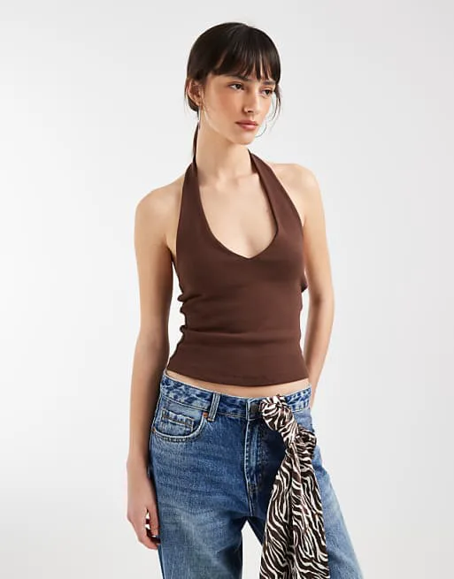 

Компактный хлопковый топ с воротником-халатом ASOS DESIGN шоколадного цвета