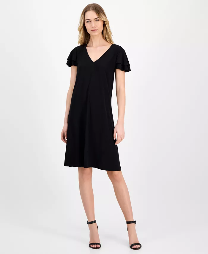 

Платье-футляр Petite с V-образным вырезом и короткими рукавами-крылышками Anne Klein, черный