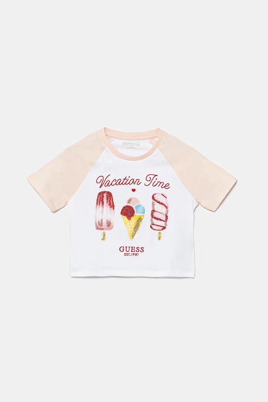 

Детская хлопковая футболка Guess, бежевый