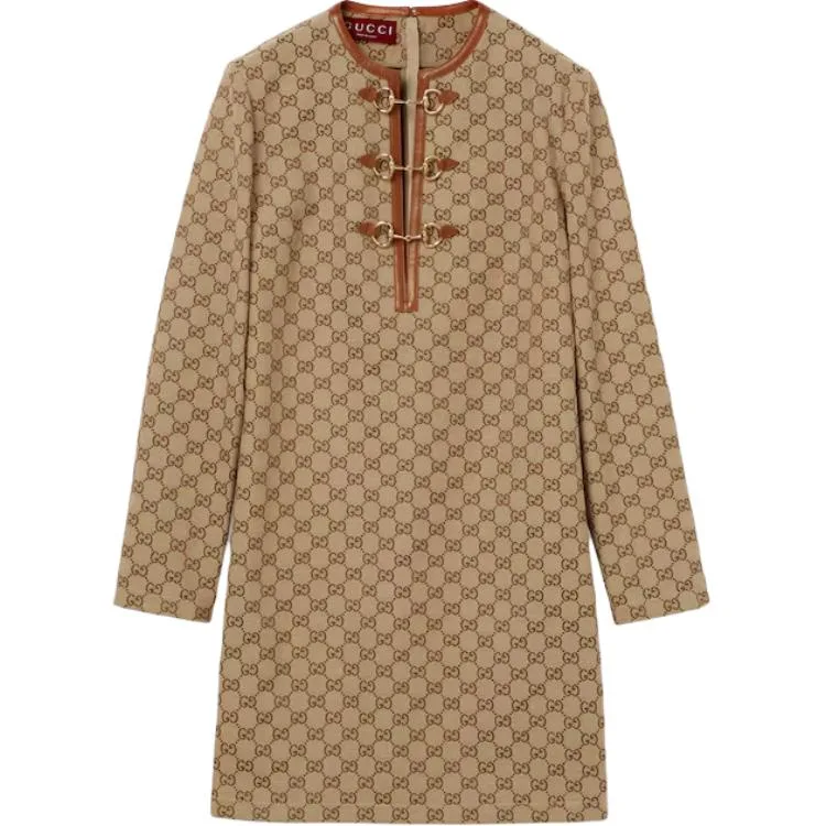 Мини-платье Gucci с длинным рукавом и монограммой, классический стиль, Camel Brown