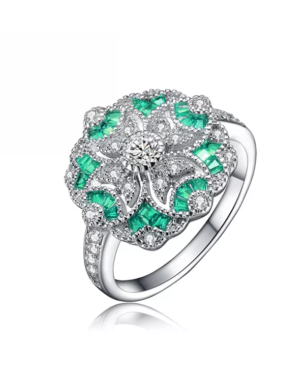 

Современное коктейльное кольцо из стерлингового серебра с прозрачными кубическими цирконами огранки «багет» Genevive, green