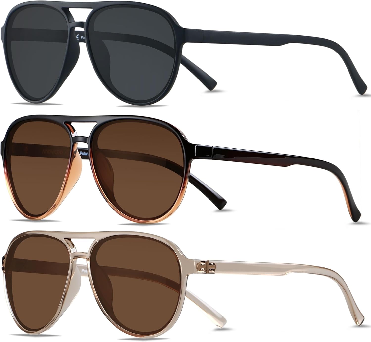 

Солнцезащитные очки-авиаторы ANDWOOD в стиле ретро с поляризацией для женщин и мужчин, классические, винтажные, квадратные, в стиле 70-х, (3pack) Black + Gradient Brown + Transparent Brown