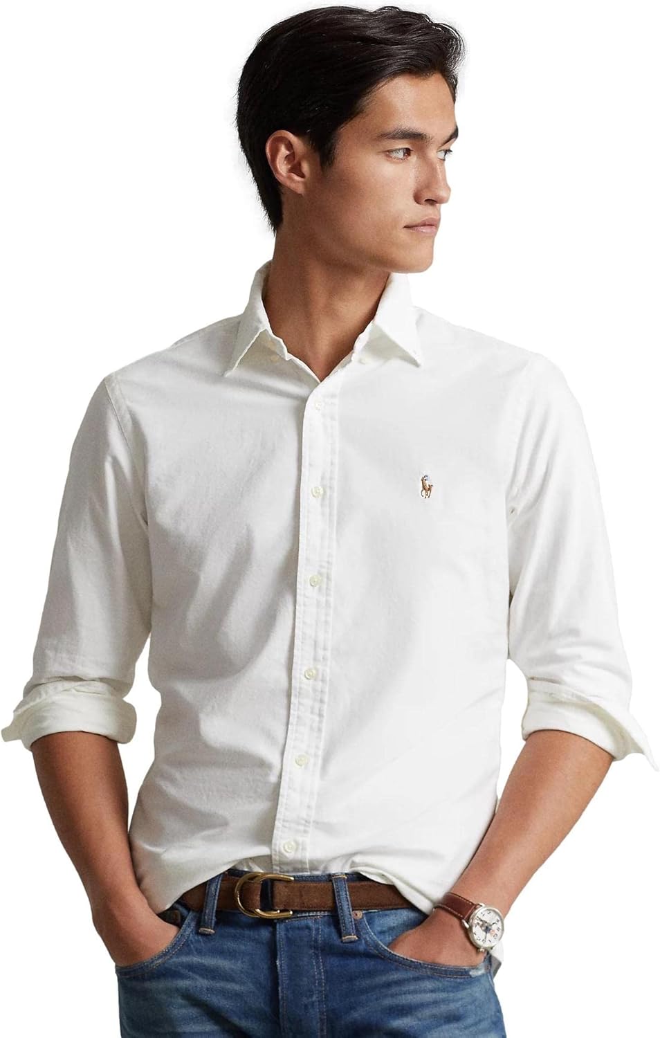 POLO RALPH LAUREN Мужская классическая клетчатая оксфордская рабочая рубашка с длинным рукавом, Basic White — фото 2