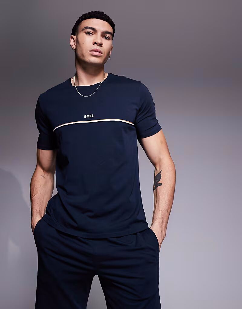 

BOSS Bodywear - Уникальная футболка прямого кроя темно-синего цвета с логотипом и полосками