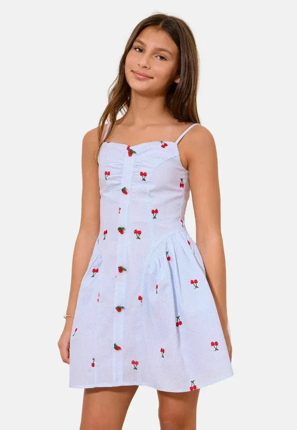 Платье повседневное Lipsy, Regular fit, с вышивкой вишни и полоской, сине-белое