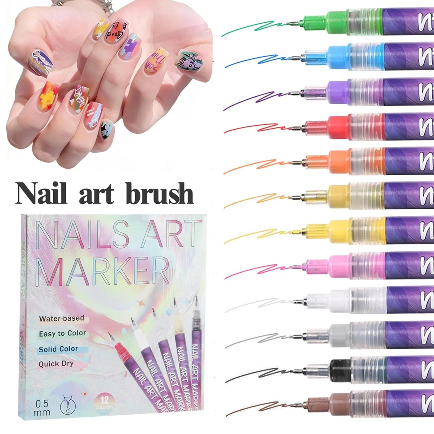 Набор водостойких маркеров для нейл-арта, 12 цветов ‎Generisch — фото 4