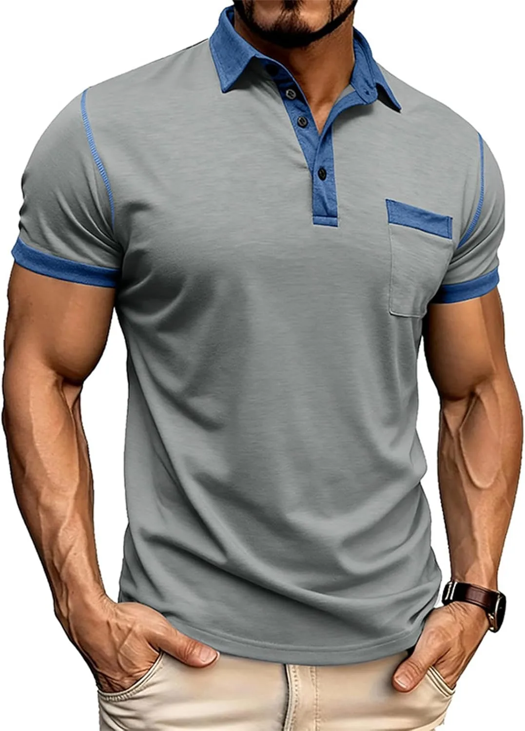 

Мужская поло с коротким рукавом Classic Contrast Collar и карманами tobchonp
