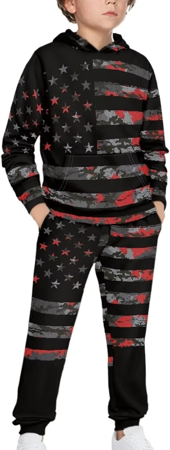 Детский спортивный костюм Graphic Long Sleeve Hoodies and Sweatpants Set, Gray American Flag Patternss — фото 3