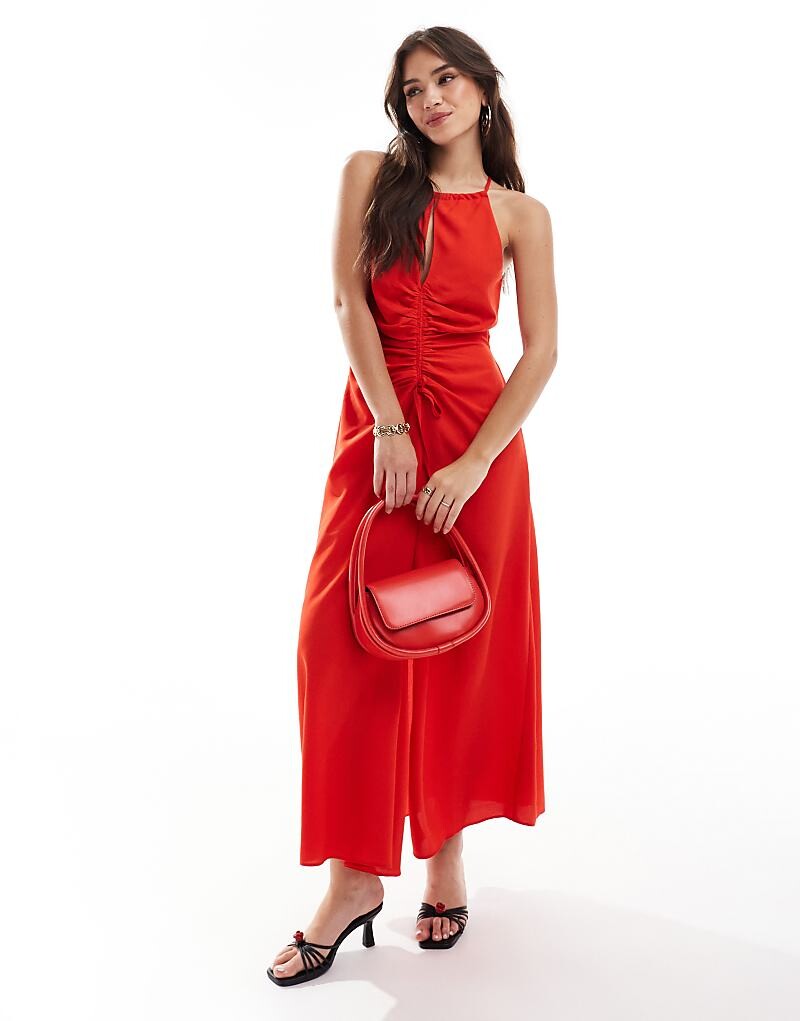 

ASOS DESIGN – Красное платье миди с высоким воротником и рюшами спереди