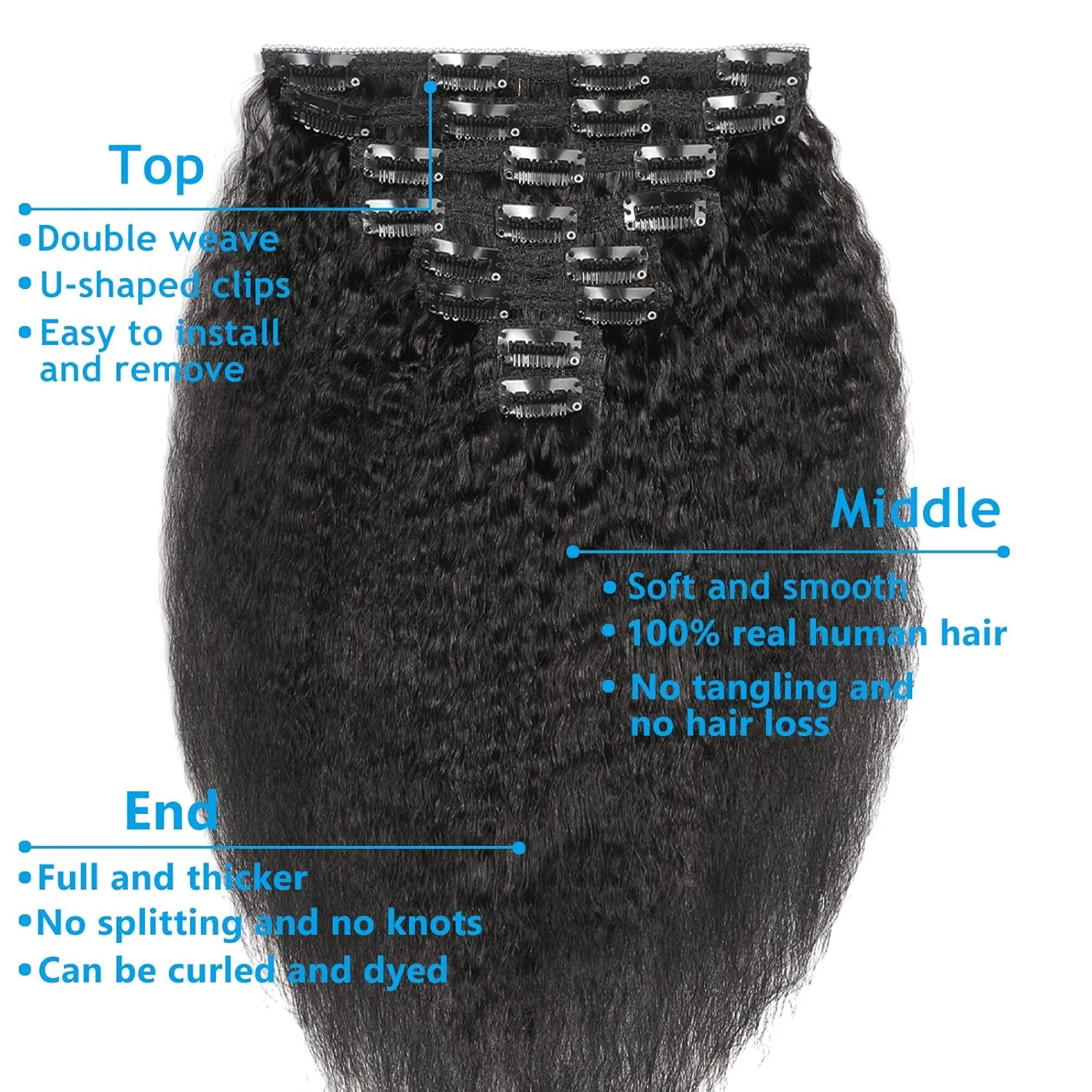 Накладные пряди Kinky Straight с заколками из натуральных волос Einbeauty, Natural Black Kinky Straight — фото 3