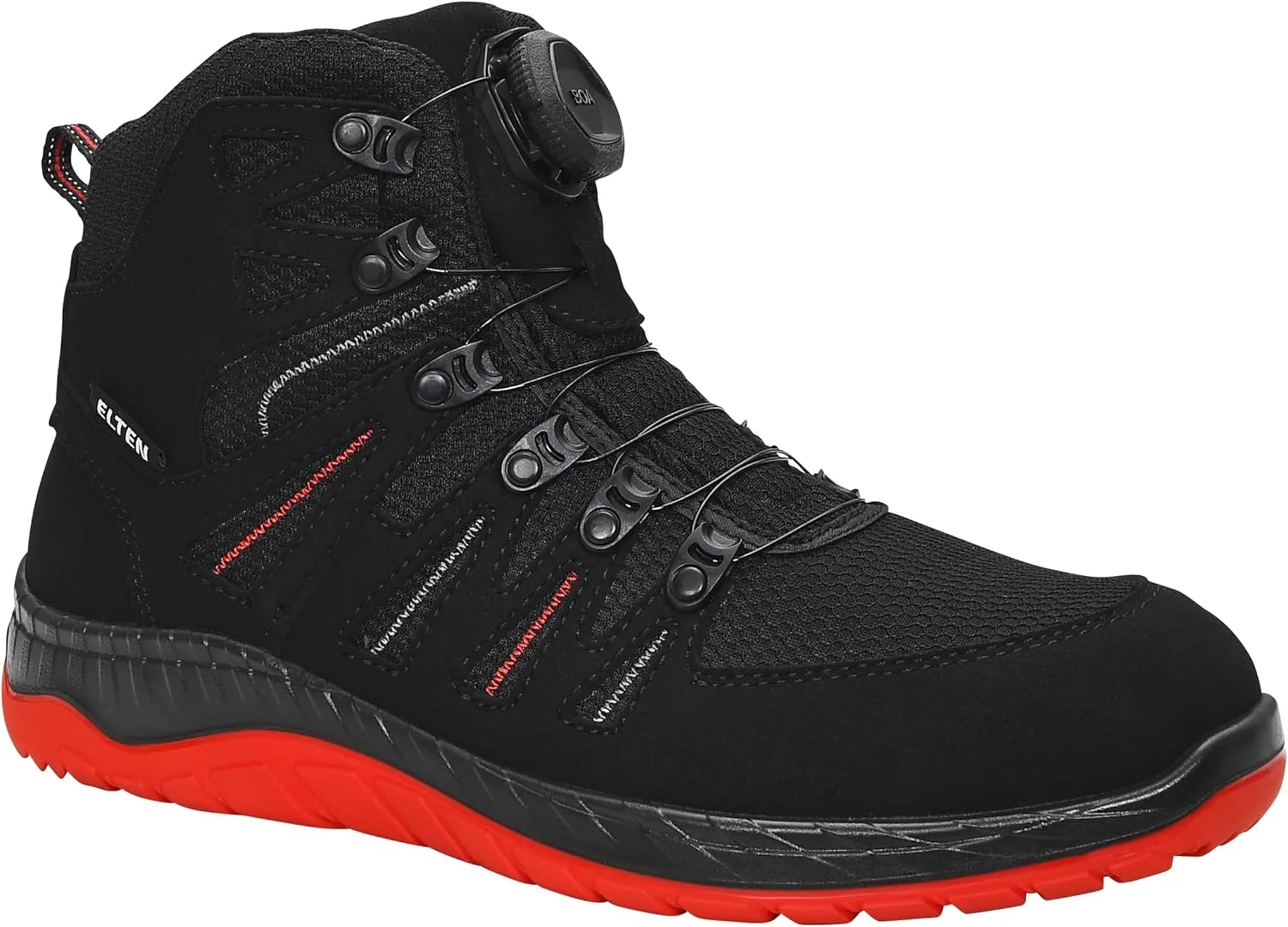 Защитная обувь ELTEN Maddox BOA Black-Red Mid ESD S3S для мужчин и женщин, текстиль, стальные защитные носки, легкая, спортивная, черный