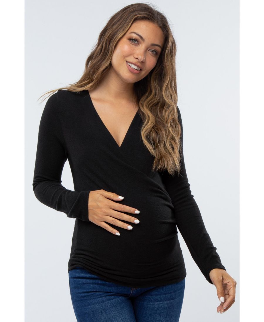 

Топ для беременных из ворсистой трикотажной ткани темно-синего цвета с запахом спереди Pinkblush, Black