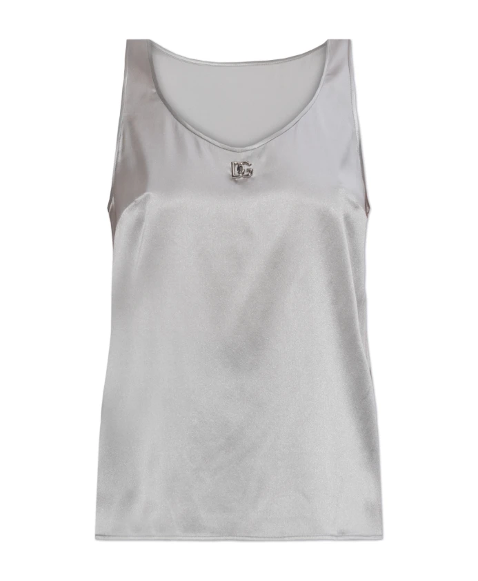 

Шелковый топ с аппликацией в виде логотипа Dolce & Gabbana, серый