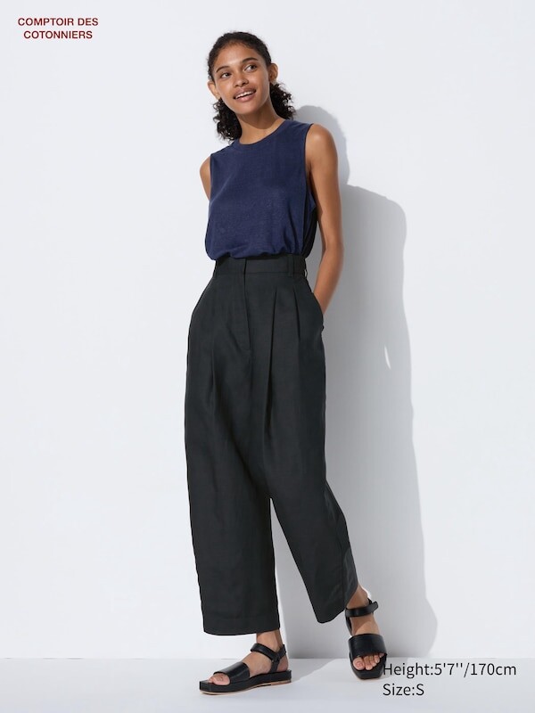 

Плиссированные зауженные брюки из смеси льна lyocell Uniqlo, черный