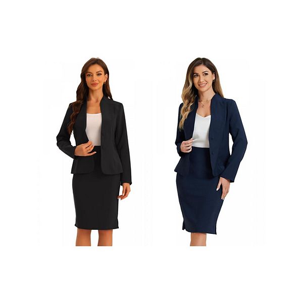 

2 упаковки 2-предметных деловых комплектов для женщин: пиджак без воротника и классическая юбка-карандаш Allegra K, Black Dark Blue