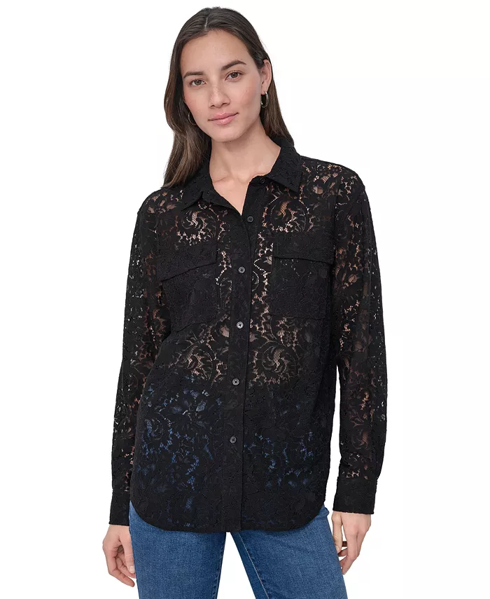 

Женская блузка с длинным рукавом на пуговицах и кружевной отделкой DKNY Jeans, черный