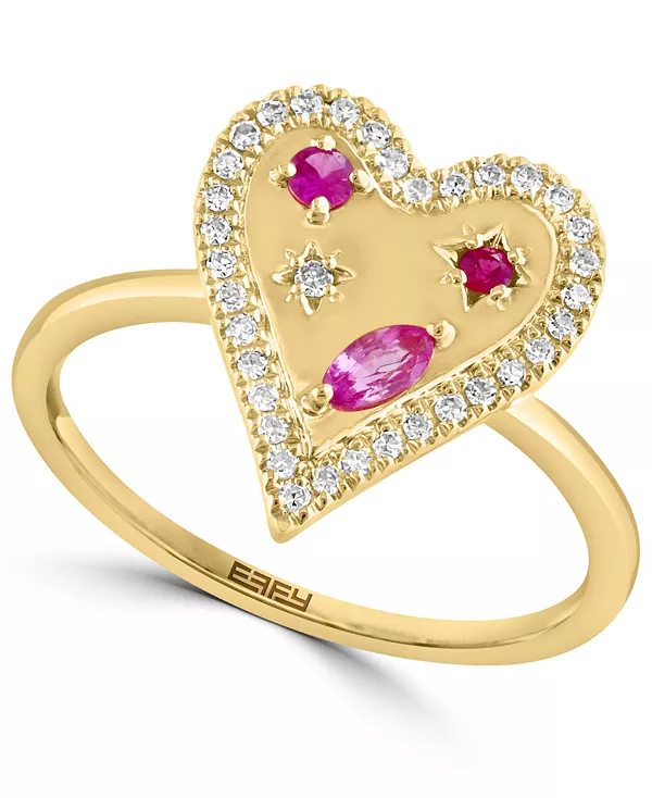 

Кольцо Effy с розовым сапфиром (1/4 карата tw), рубиновым акцентом и бриллиантом (1/6 карата tw) в форме сердца из 14-каратного золота Effy Collection, gold