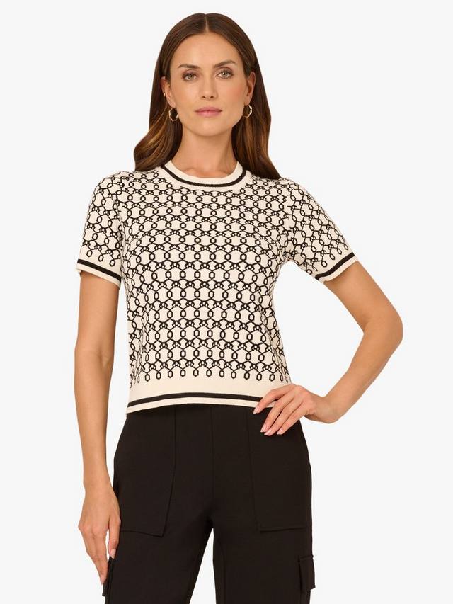 

Джемпер с коротким рукавом в стиле плетения цепь Adrianna Papell, Cream/Black