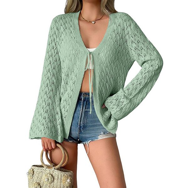 

Женский летний кардиган с длинным рукавом и ажурной вязкой Yesfashion, Green