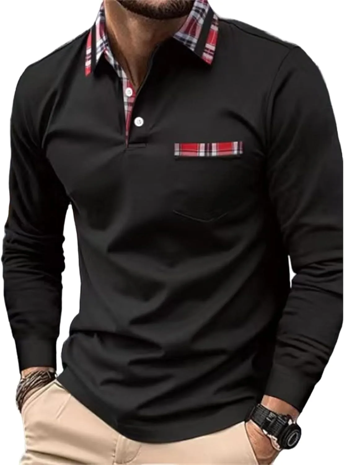 

Мужская поло с длинным рукавом slim fit, клетчатый воротник и карман evzosrz