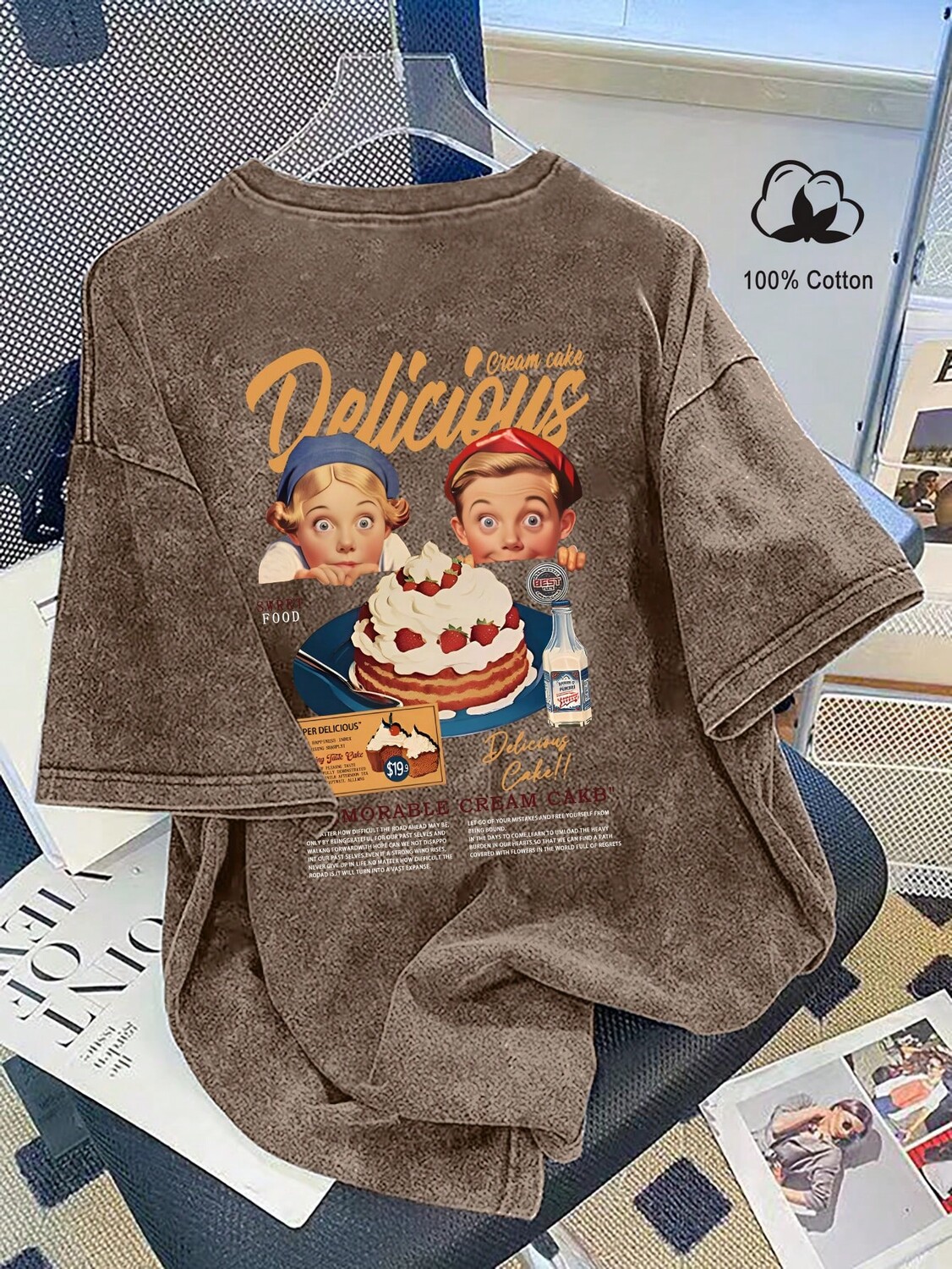 

Hypemode, Футболка с короткими рукавами, круглым вырезом, рисунком с надписью и персонажами мультфильмов, для мужчин больших размеров, повседневный образ Manfinity, коричневый