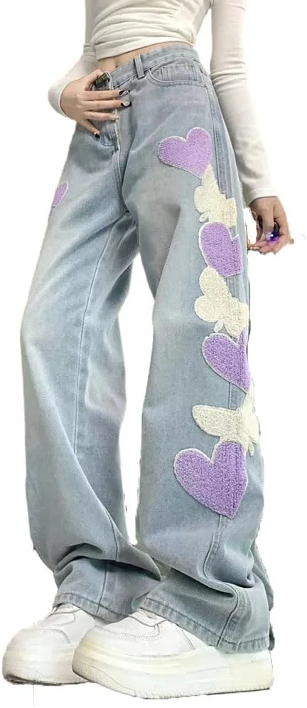 

LAFOURAM Petite Jeans для женщин 5 FT короткие широкие штаны baggy streetwear с аппликацией в виде сердца