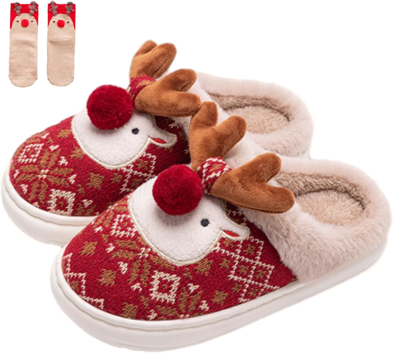 

Рождественские плюшевые тапочки с оленем для женщин и мужчин, 3D зимние домашние тапочки с оленями, уютные мягкие пушистые теплые тапочки с носками Generic, красный
