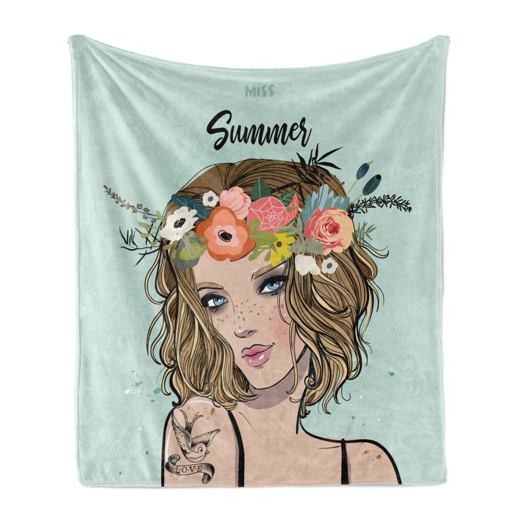 

ABAKUHAUS Miss Summer Мягкое фланелевое флисовое одеяло, женская иллюстрация с очаровательным головным убором с яркими цветами, 175 x 230 см, бледно-разноцветная морская пена