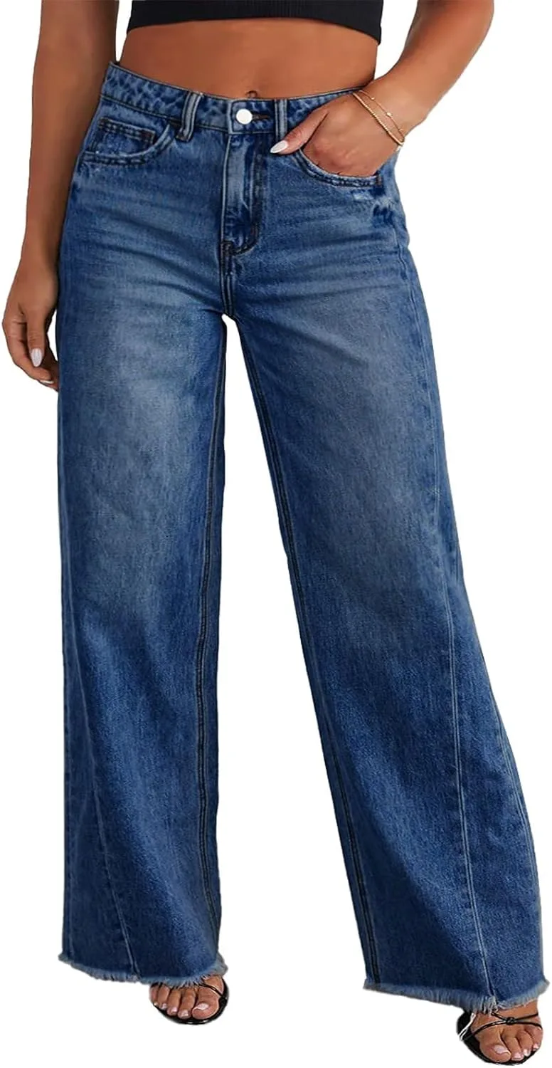

Eytino Women's Plus Size Wide Leg Jeans Elastic High Waist Stretchy Raw Hem Denim Pants with Pockets(1X-5X)