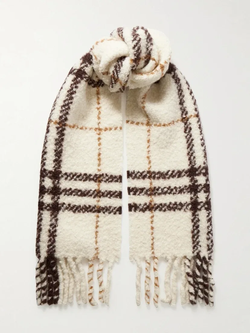Шарф-букле в клетку с бахромой из смесовой альпаки BURBERRY, белый