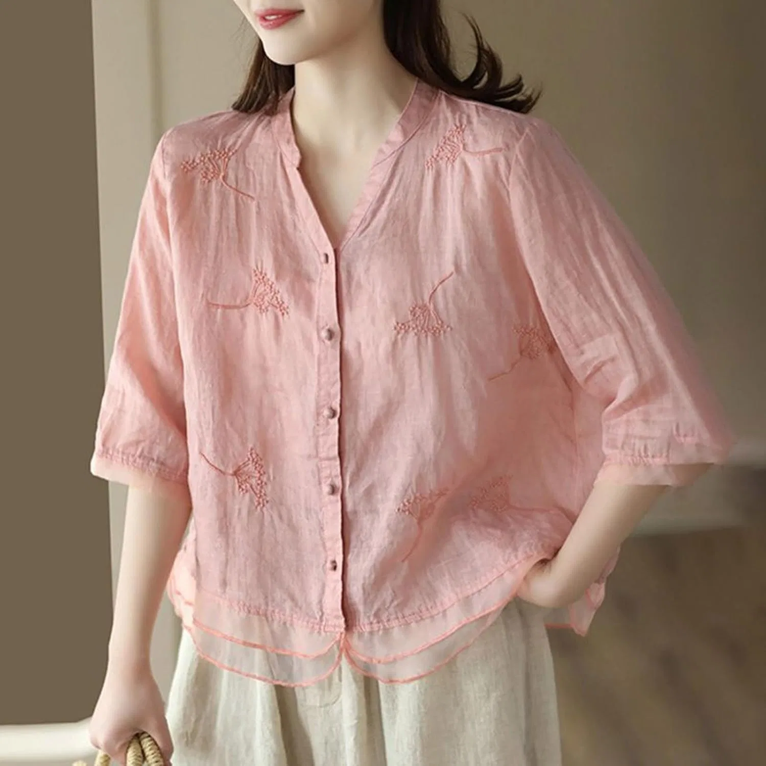 Футболка с цветочным принтом, свободная, Cotton Linen T-Shirt, розовый — фото 2