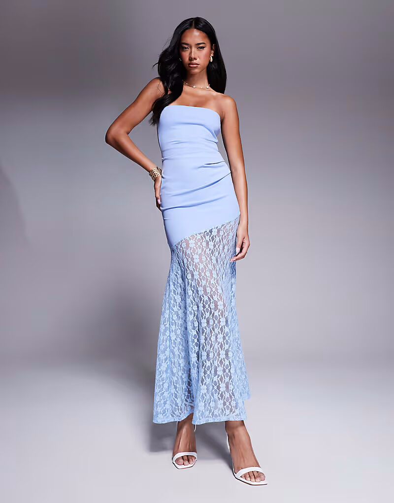 

Длинное платье-бандо с кружевной юбкой ASOS DESIGN синего цвета