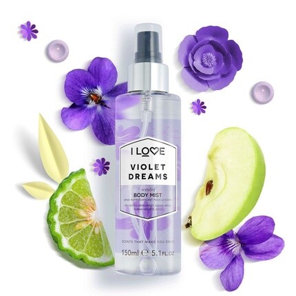 I Love Signature Violet Dreams Длительный, быстросохнущий, нелипкий спрей для тела для нее, 150 мл, I Love Cosmetics — фото 3
