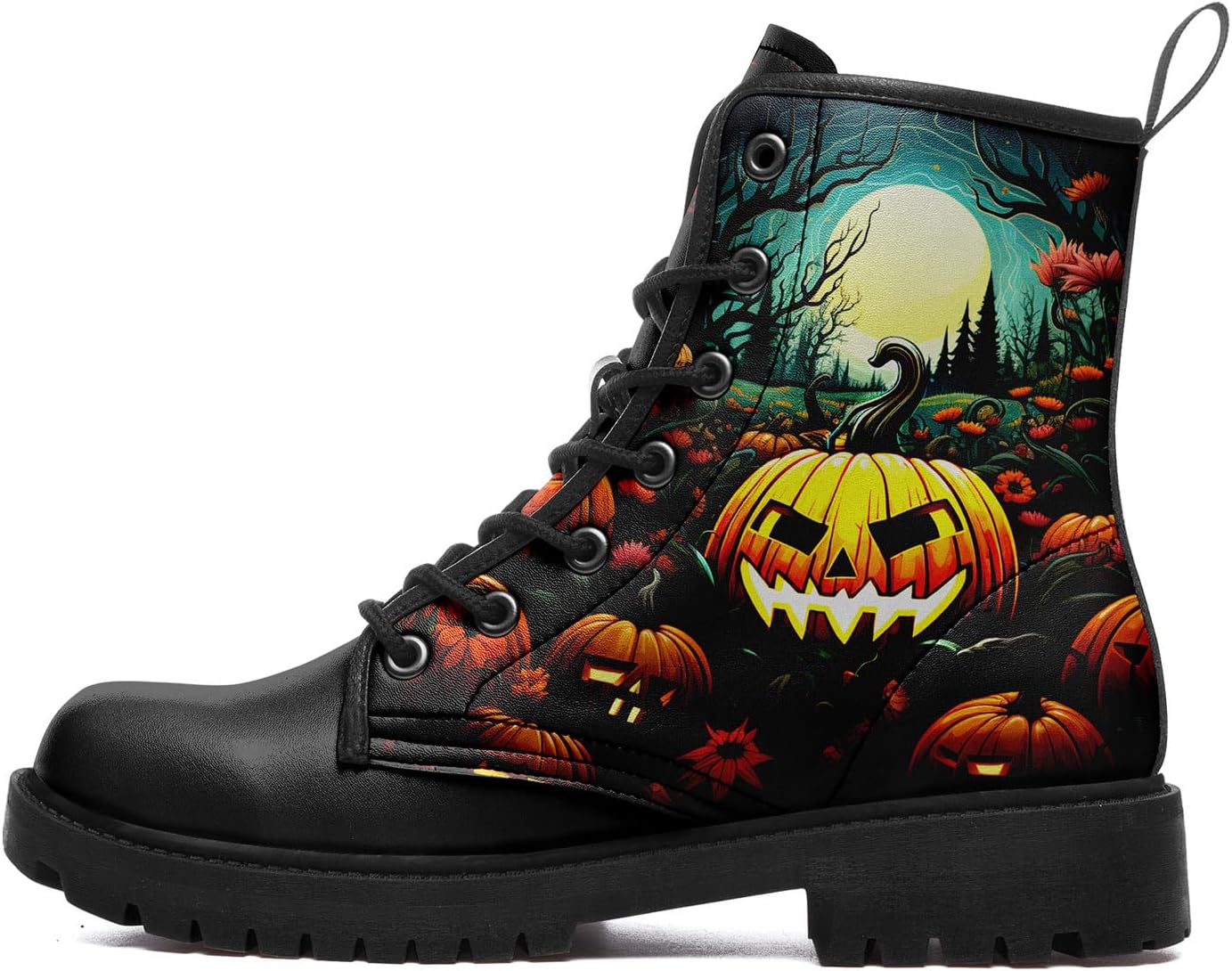 

Ботинки с черепами для мужчин, модные ботинки на шнуровке, армейские ботинки для женщин, панк-рок кожаные ботильоны, ведьминские готические туфли Coolcustomize, Pumpkin