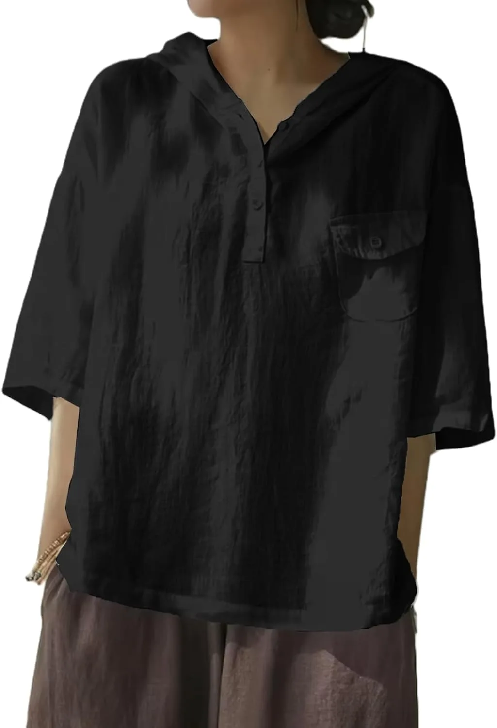 

Льняная рубашка для женщин V-образный вырез с пуговицами и капюшоном повседневная с 3/4 рукавом Movnebyro