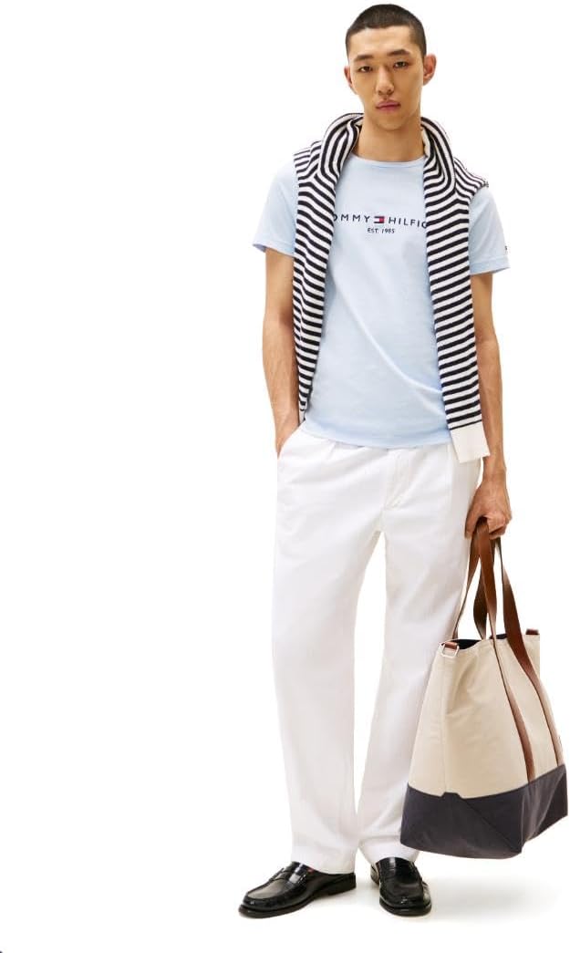 Мужские хлопковые футболки Tommy Hilfiger с коротким рукавом и вышитым логотипом, Breezy Blue — фото 3