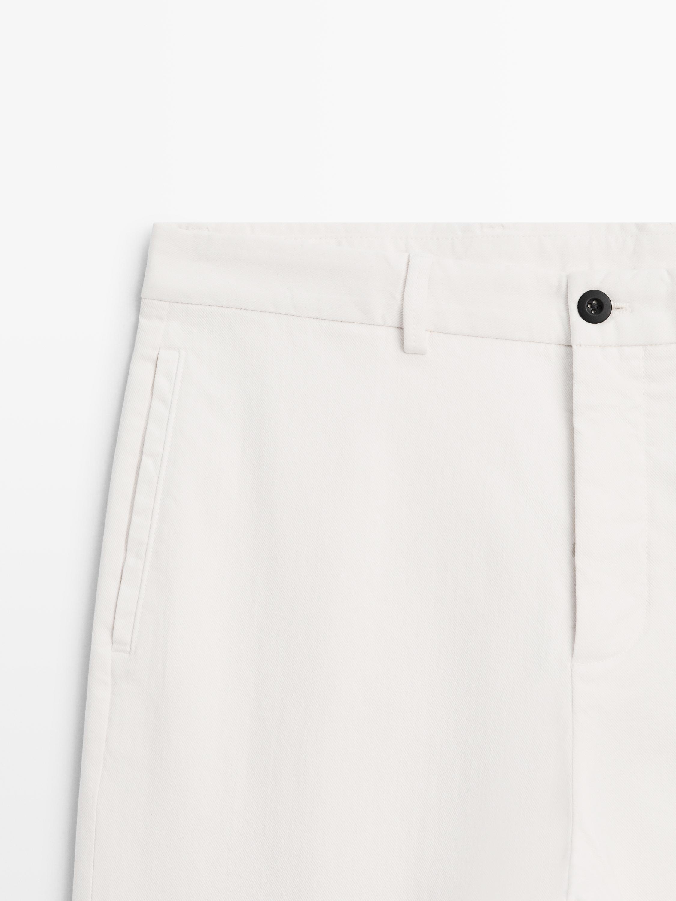 Брюки из хлопкового твила с эластичным поясом Massimo Dutti, off white — фото 4