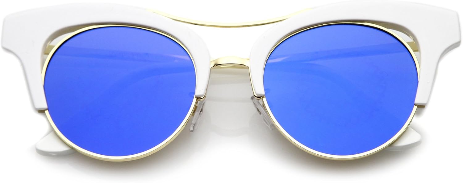 

zeroUV - Женские солнцезащитные очки с увеличенными линзами, оправой над переносицей, зеркальными линзами, круглыми плоскими линзами, в форме «кошачьего глаза», диаметр линзы 51 мм, White-gold / Blue Mirror