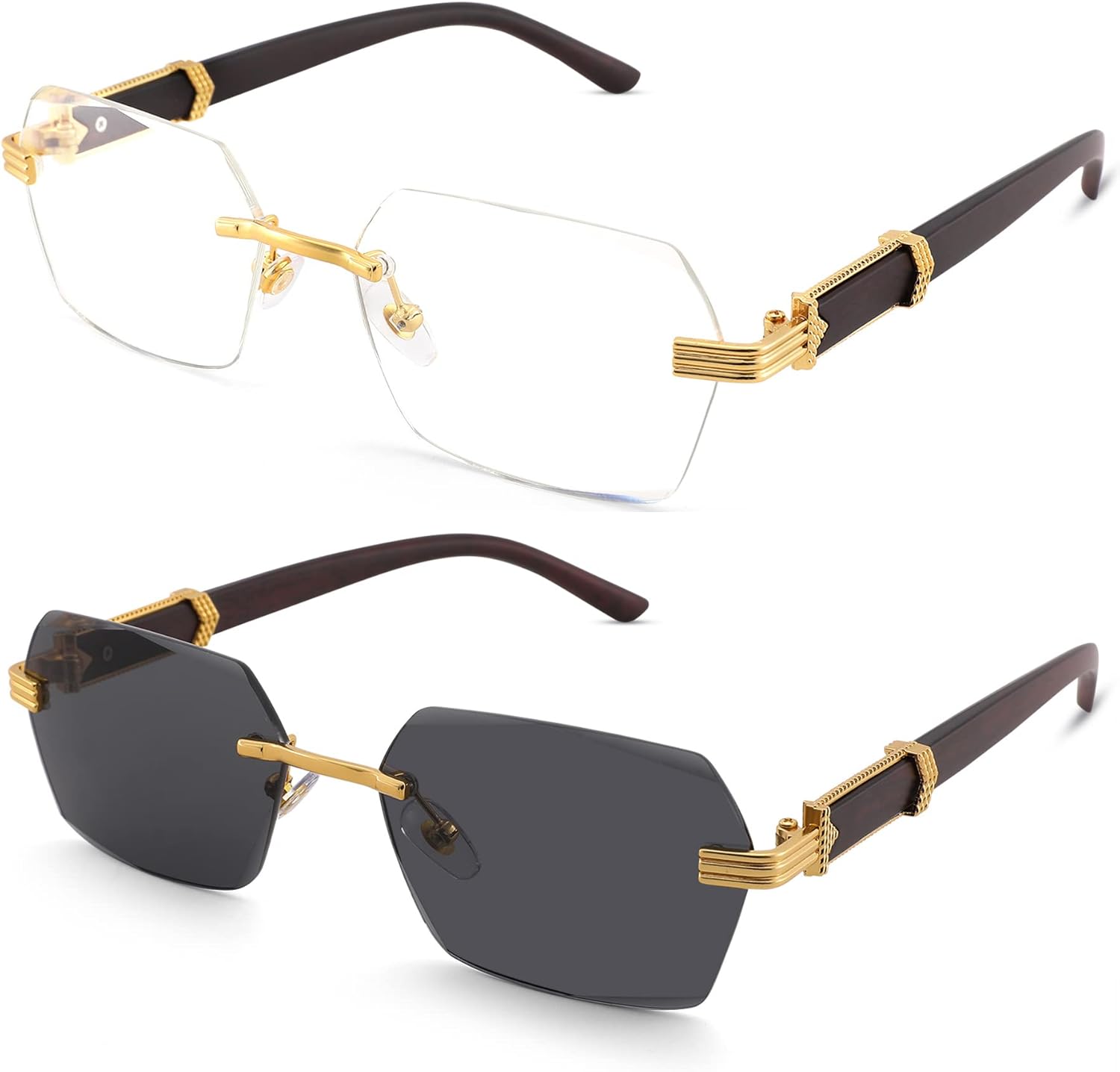 

Солнцезащитные очки Hycredi без оправы, прямоугольной формы, для мужчин и женщин, в стиле ретро, ​​без оправы, квадратной формы, солнцезащитные очки в стиле Y2k, тонированные очки, B1 * 2 Pack (Clear + Gray)