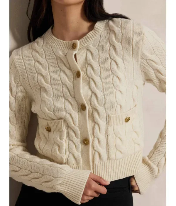 Шерстяной кардиган с косами cropped fit Polo Ralph Lauren, кремовый — фото 4