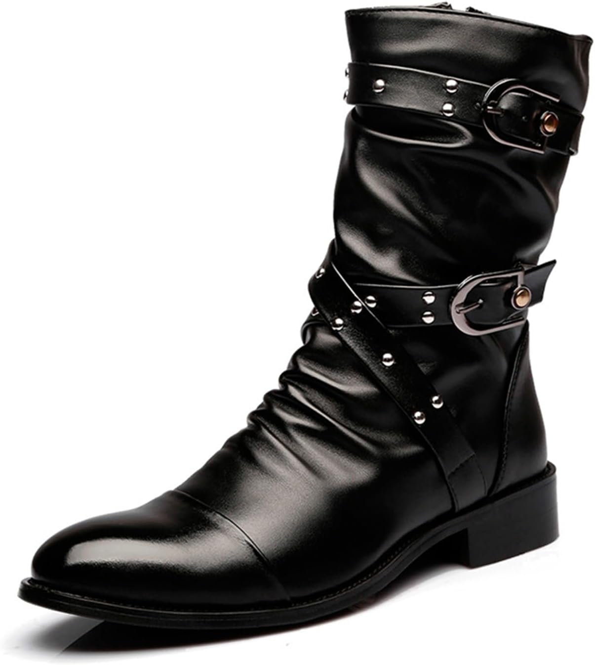 

Мужские кожаные чукка-ботинки средней высоты с двойной пряжкой, низким каблуком и заостренным носком, легкие, с мягкой текстурой, для вечеринки, свадьбы, официальных мероприятий, офиса, бизнеса, работы и повседневной носки Houdbdol, черный