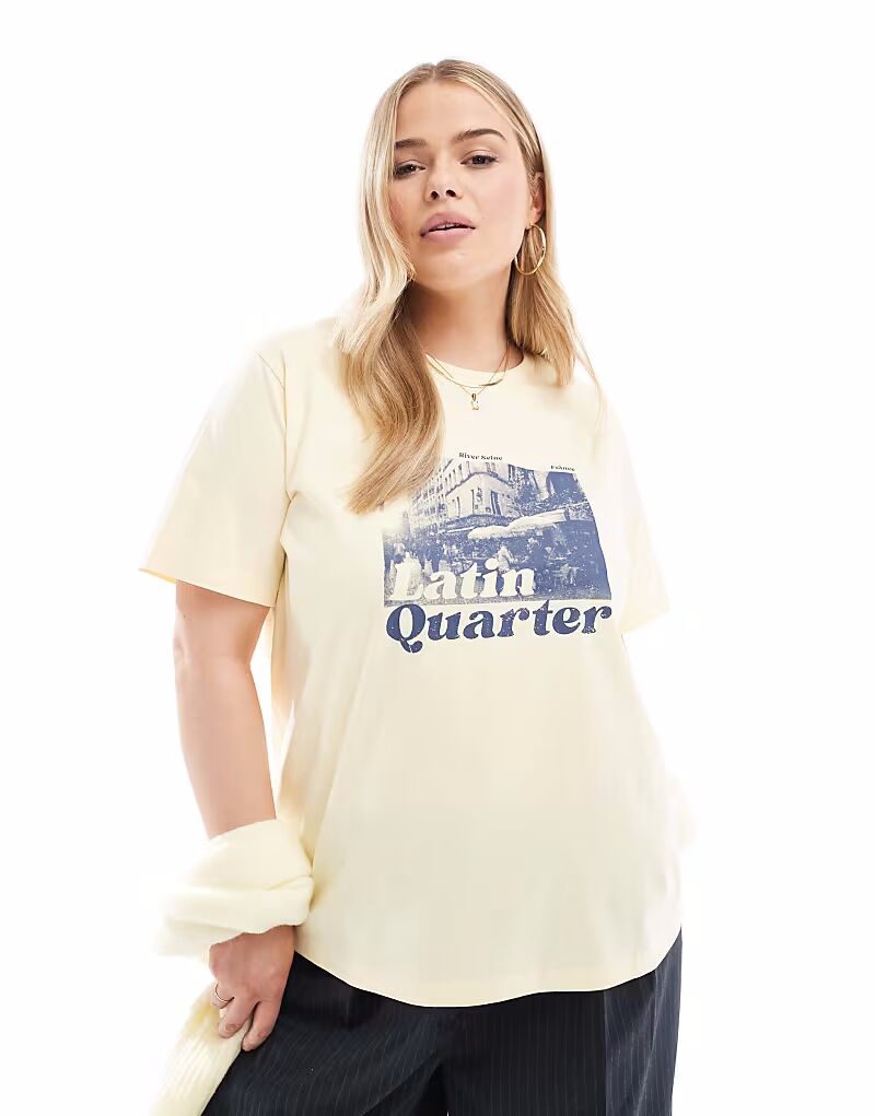

Футболка ASOS DESIGN Curve классического кроя с графикой Latin Quarter лимонного цвета