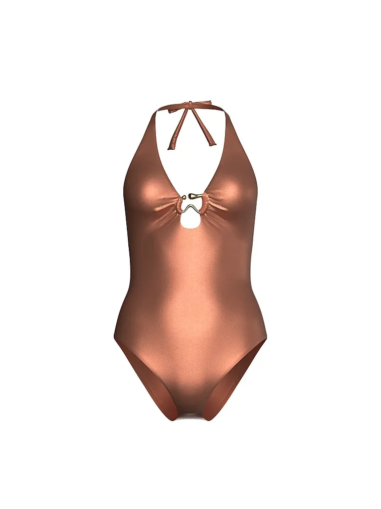 Купальник Victoria'S Secret Swim Organic Shape Rings Halter Cheeky One-Piece, серебристо-коричневый — фото 3