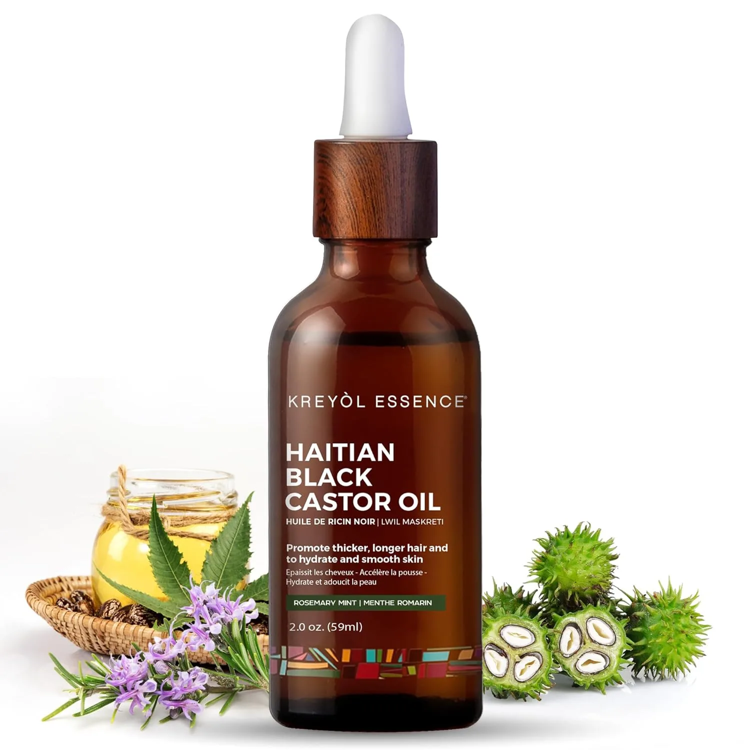 Kreyol Essence - гаитянское черное касторовое масло для кожи и волос, стеклянная бутылка - холодный отжим, для густоты волос, без гексана, натуральный увлажнитель, 60 мл, Rosemary Peppermint 59 мл (1 шт.) Kreyòl Essence, BLACK